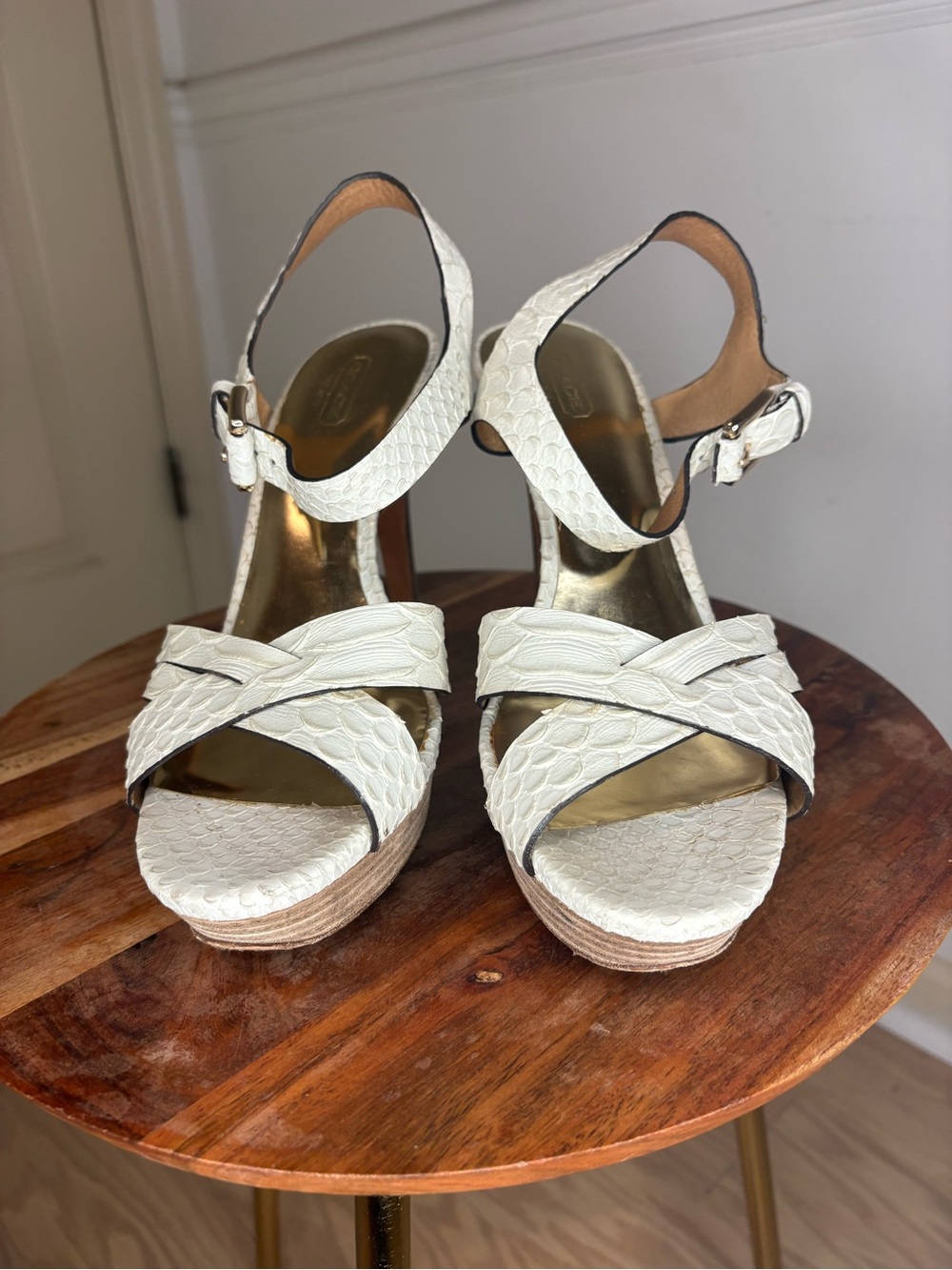 Coach White Textured Leather Wedge Sandals - Women